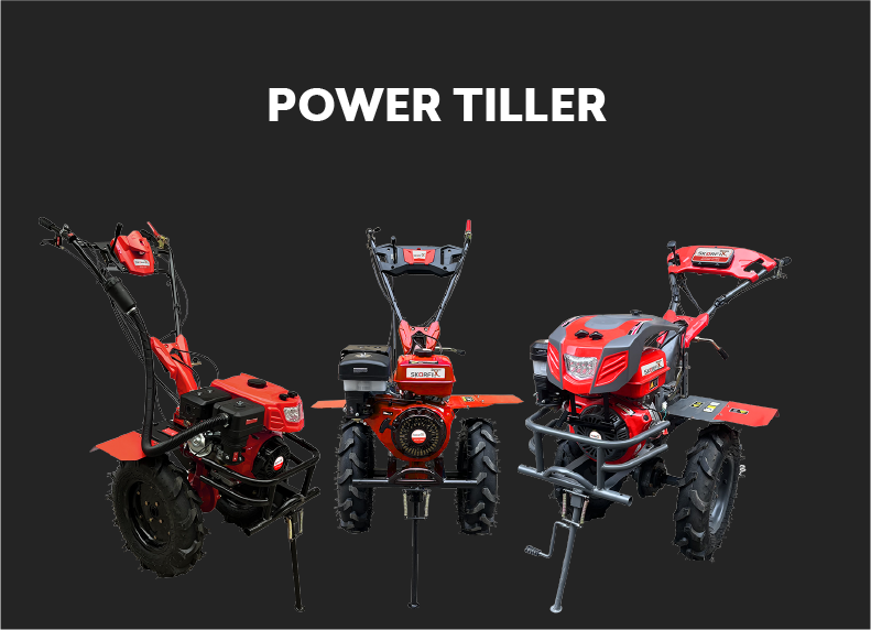 a group of red and black tractors