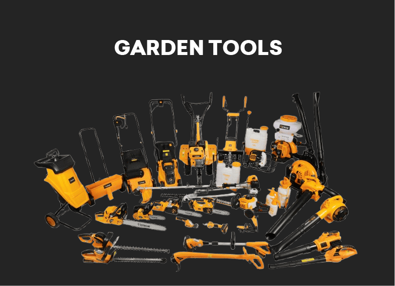 a group of yellow and black garden tools